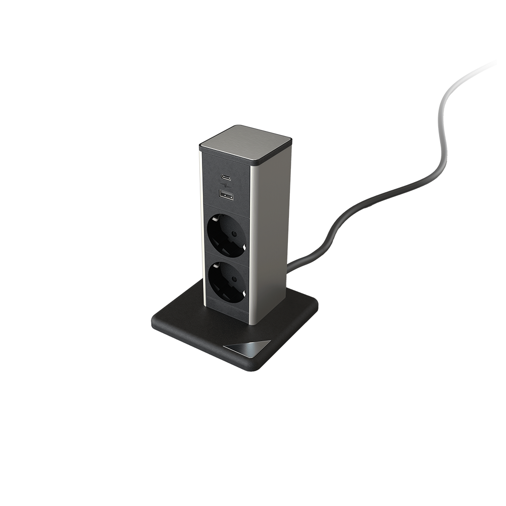 STAND UP 2xSHUKO SOCKET+1xUSB A/C 20W, BLACK/INOX