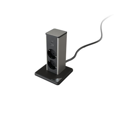 Stoječa vtičnica 2xSHUKO + 1xUSB A/C 20 W, črna/nerjavno jeklo