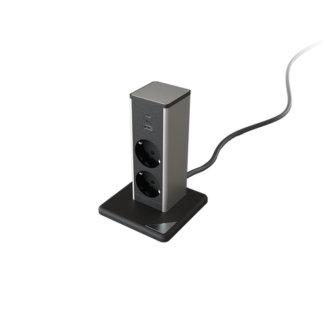 Stoječa vtičnica 2xSHUKO + 1xUSB A/C 20 W, črna/nerjavno jeklo