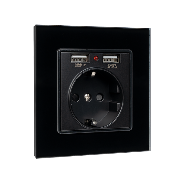GERMAN TYPE SOCKET 16A 2XUSB GLASS FRAME BL+C. BOX