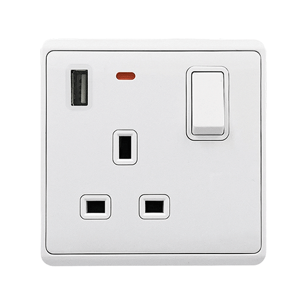 LONDON SINGLE VTIČNICA 1P GUMB STIKALO NEON+USB WH