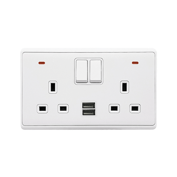 LONDON DOUBLE VTIČNICA 2P GUMB STIKALO NEON+USB WH
