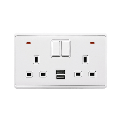 LONDON DOUBLE VTIČNICA 2P GUMB STIKALO NEON+USB WH