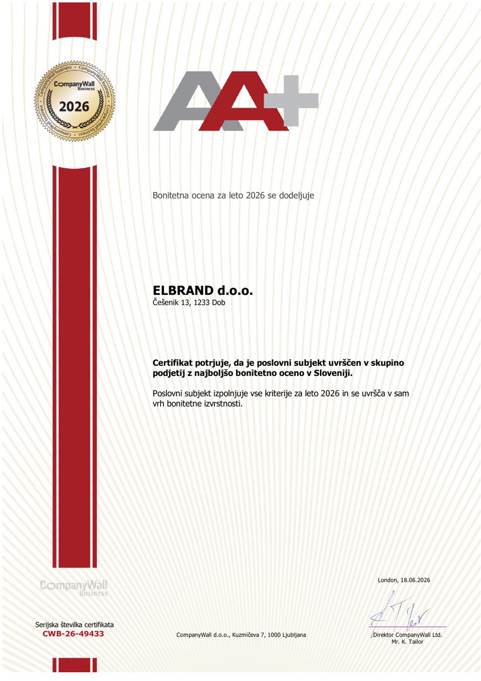 Bonitetni certifikat AA+ 2026 - CompanyWall